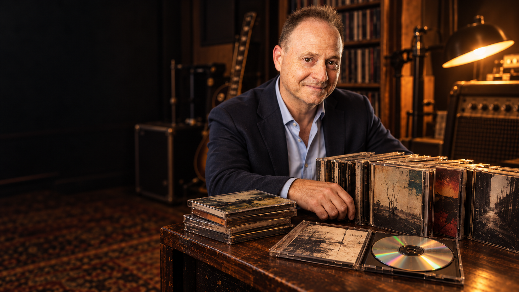 PONZ nello studio musicale accanto alla raccolta di CD